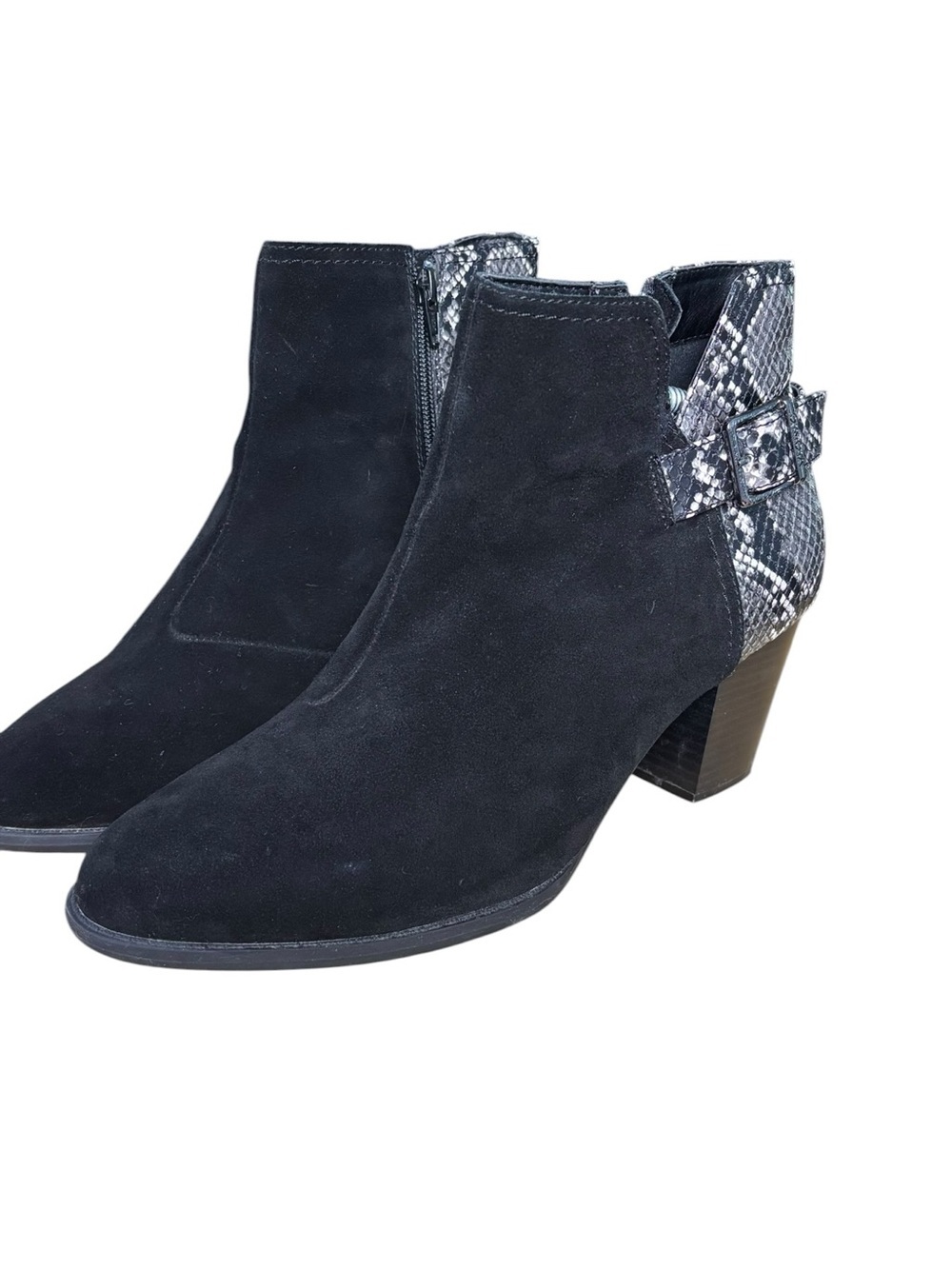 Vionic Naomi Black Suede Ankle Boots with Snakeskin Heel Accent Sz 11